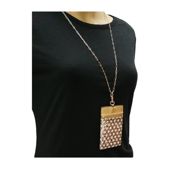 Gold Glitter Stars Faux Leather ID Badge Card Holder with 34" Neck Lanyard/Chain - Picture 3 of 3
